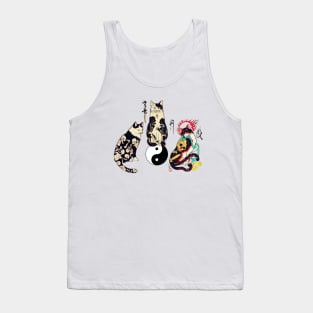 THREE JAPANESE CATS IN SKULL,SKELETON TATTOOS AND YIN YANG SYMBOL Tank Top